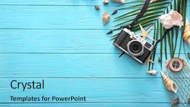  Presentation with camera - Slides with compass on wooden background summer background and a light blue colored foreground