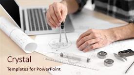  Presentation with engineering desk of civil engineer - Theme having compass white man - professional engineer working with blueprints background and a  colored foreground