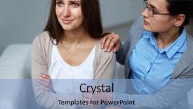  Presentation with compassion - Colorful slide set enhanced with compassion - female psychiatrist comforting young crying backdrop and a light blue colored foreground