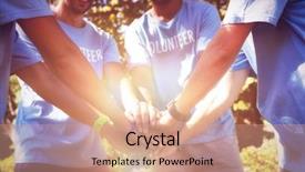  Presentation with stack - Colorful presentation enhanced with compassion - volunteers forming hands stack while backdrop and a coral colored foreground