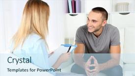  Presentation with compassion - Slide set having compassion - young man on reception background and a sky blue colored foreground