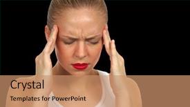  Presentation with woman in pain - Presentation with compassion fatigue - woman holding head with pain background and a coral colored foreground