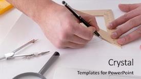  Presentation with engineering desk of civil engineer - Beautiful slide deck featuring compast - male engineer working on drawings backdrop and a light gray colored foreground