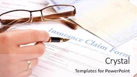  Presentation with trust insurance - Theme consisting of compensation benefit - hand filling in insurance claim background and a pink colored foreground