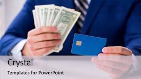  Presentation with credit card - Audience pleasing presentation theme consisting of compensation management - businessman holding dollar money backdrop and a light gray colored foreground