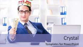  Presentation with office king - Theme having compensation management - businessman king with money background and a light blue colored foreground