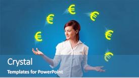  Presentation with euro - Beautiful presentation design featuring compensation management - young happy person juggle backdrop and a teal colored foreground