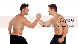  Presentation with military men - Audience pleasing presentation design consisting of competative forces - couple of handsome muscled men backdrop and a coral colored foreground