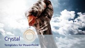  Presentation with medal - PPT theme with competative forces - golden medal in dirty hand background and a lemonade colored foreground