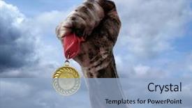  Presentation with medal - PPT theme consisting of competative forces - golden medal in hand background and a light blue colored foreground