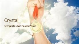  Presentation with medal - PPT theme having competative forces - golden medal in hand background and a cream colored foreground