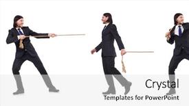  Presentation with hanging rope pictures white - Colorful theme enhanced with competative forces - young businessman pulling rope isolated backdrop and a  colored foreground