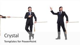  Presentation with hanging rope pictures white - Presentation design featuring competative forces - young businessman pulling rope isolated background and a white colored foreground
