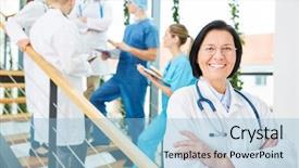  Presentation with physician - Amazing presentation design having competence - senior woman as competente physician backdrop and a light blue colored foreground