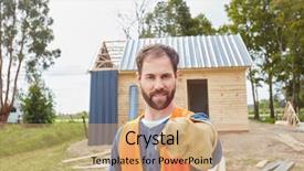  Presentation with construction worker harassment workplace - Presentation theme having competency building - blue collar worker at construction background and a  colored foreground