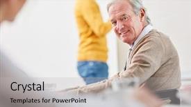  Presentation with experience - Slide set with competent - senior as businessman with experience background and a light gray colored foreground