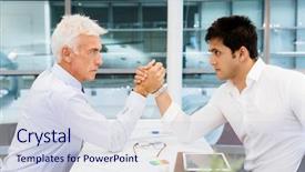  Presentation with wrestling - PPT theme featuring competetion - two businessmen competeting arm wrestling background and a  colored foreground