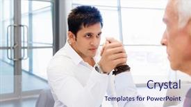  Presentation with wrestling - Presentation design with competetion - two businessmen competeting arm wrestling background and a  colored foreground