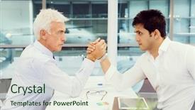  Presentation with wrestling - PPT theme enhanced with competetion - two businessmen competeting arm wrestling background and a sky blue colored foreground