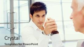  Presentation with wrestling - PPT theme with competetion - two businessmen competeting arm wrestling background and a  colored foreground