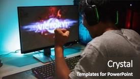  Presentation with computer room - Cool new presentation theme with competition - portrait of happy teenage gamer backdrop and a tawny brown colored foreground