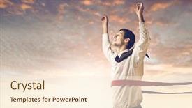  Presentation with finish line - Beautiful PPT theme featuring competition - young mulatto businessman crossing backdrop and a cream colored foreground