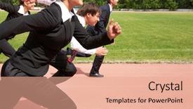  Presentation with employees - Cool new PPT theme with sports business - image of active employees running backdrop and a coral colored foreground