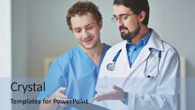  Presentation with full length portrait two men women brown sweater - Beautiful PPT theme featuring competition doctor - portrait of two clinicians backdrop and a  colored foreground