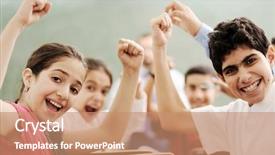  Presentation with classroom - Colorful presentation theme enhanced with competition school - happy children with their teacher backdrop and a coral colored foreground