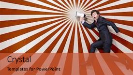  Presentation with running - Slide deck with competition speech - young businessman running with megaphone background and a  colored foreground