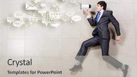  Presentation with baseball running the bases - Audience pleasing PPT theme consisting of competition speech - young businessman running with megaphone backdrop and a  colored foreground