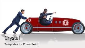  Presentation with teamwork - Cool new PPT theme with competition vehicle - businessman car pushing in teamwork backdrop and a light gray colored foreground