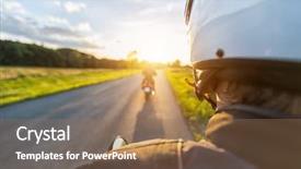  Presentation with driving safely - PPT theme with competition vehicle - motorbike riders driving towards beautiful background and a coral colored foreground