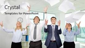  Presentation with group - Colorful theme enhanced with competition winner - group of excited businesspeople throwing backdrop and a light gray colored foreground