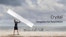  Presentation with geodetic engineering surveying measuring equipment - PPT layouts featuring competitive advantage - young businesswoman measuring something background and a light gray colored foreground