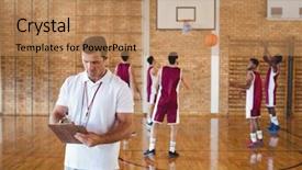  Presentation with basketball court - Colorful presentation theme enhanced with competitive analysis - basketball coach writing on clipboard backdrop and a coral colored foreground