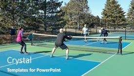  Presentation with pickleball - PPT theme having competitive-doubles-game-of-pickleball background and a teal colored foreground