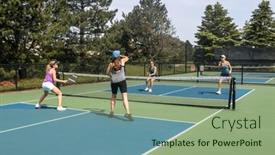  Presentation with pickleball - PPT theme with competitive-doubles-game-of-pickleball background and a seafoam green colored foreground