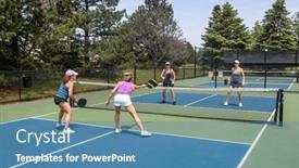  Presentation with pickleball - PPT theme consisting of competitive-doubles-game-of-pickleball background and a teal colored foreground