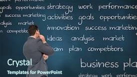  Presentation with blue business - PPT theme consisting of competitor analysis - thinking businessman against blue chalkboard background and a  colored foreground