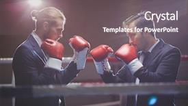 Presentation with pink boxing gloves - Colorful PPT layouts enhanced with competitor profile - businessmen in suits and boxing backdrop and a gray colored foreground