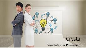  Presentation with five business people standing together and smiling - PPT theme with competitor profile - portrait of business people standing background and a light gray colored foreground