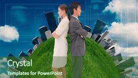  Presentation with blue and orange business people - Slide deck consisting of competitor profile - serious business people standing back-to-back background and a forest green colored foreground