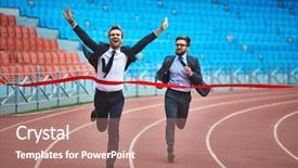  Presentation with winning - Cool new slide deck with competitors - happy young businessman winning backdrop and a coral colored foreground