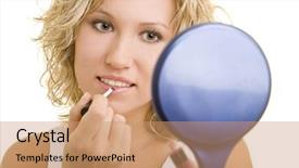  Presentation with blush brushes lip gloss - Amazing theme having complacency - blonde woman applying lip gloss backdrop and a coral colored foreground