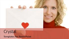  Presentation with envelope - Presentation having complacency - blonde woman holding an envelope background and a  colored foreground