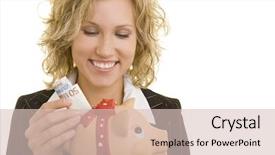  Presentation with piggy bank - Colorful slide deck enhanced with complacency - blonde woman putting money backdrop and a lemonade colored foreground
