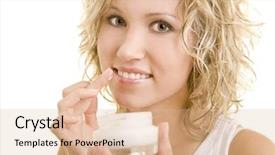  Presentation with lotion - PPT theme having complacency - blonde woman using lotion background and a coral colored foreground