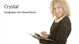  Presentation with medical folder blank or clipboard - Slides enhanced with complacency - blonde woman with clipboard background and a  colored foreground