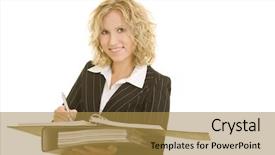  Presentation with empowered woman - Amazing PPT layouts having complacency - blonde woman with folders backdrop and a gold colored foreground